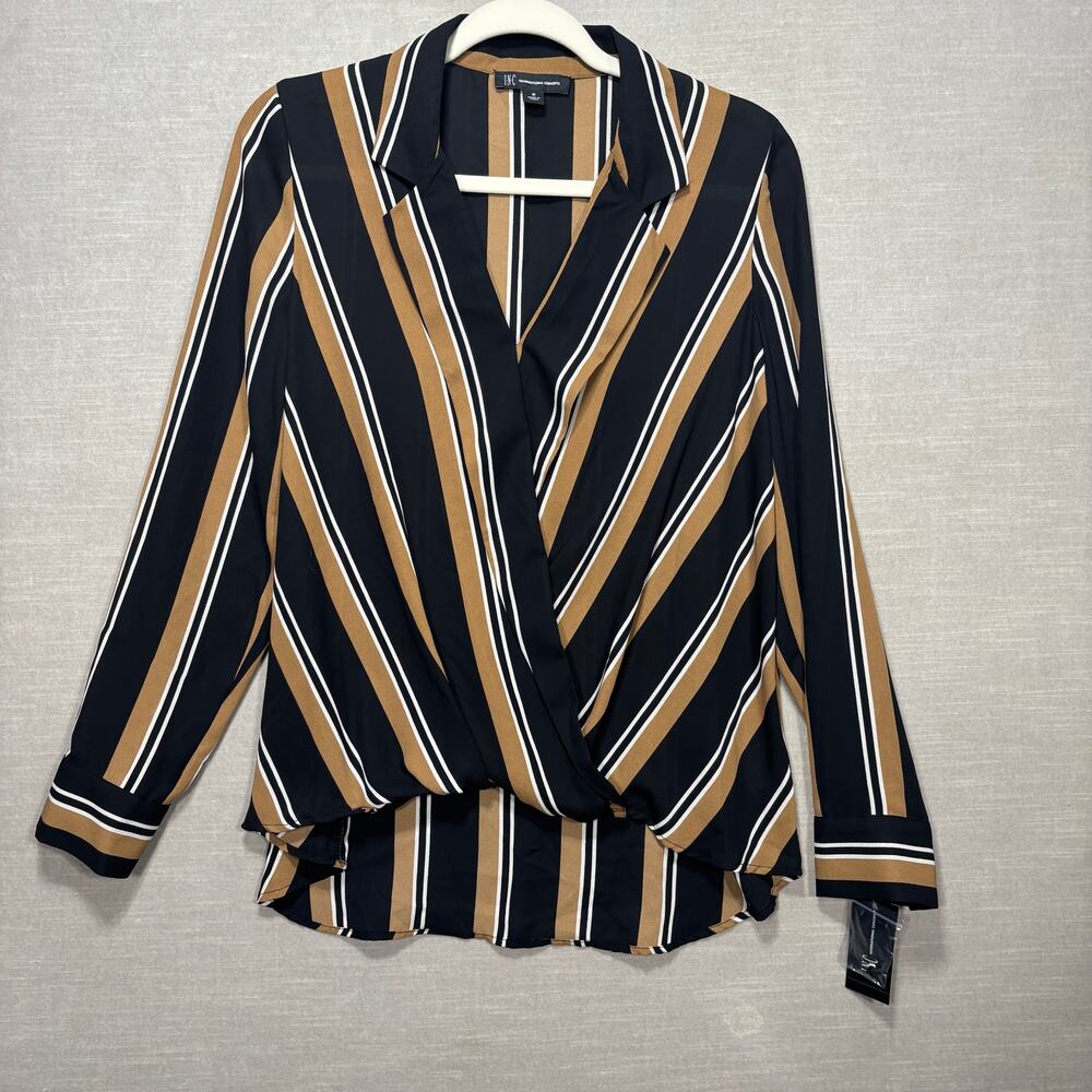 INC Striped Wrap‎ V Neck Top M Black Gold White Long Sleeve Chic Retro Statement